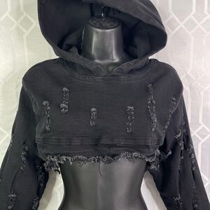 Roma Studio Distressed Black Denim Ultra Crop Hoodie XL